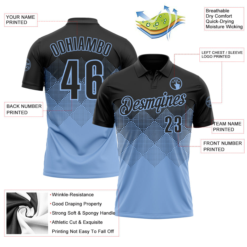 Custom Black Light Blue 3D Pattern Design Gradient Square Shape Performance Polo Shirt view 3