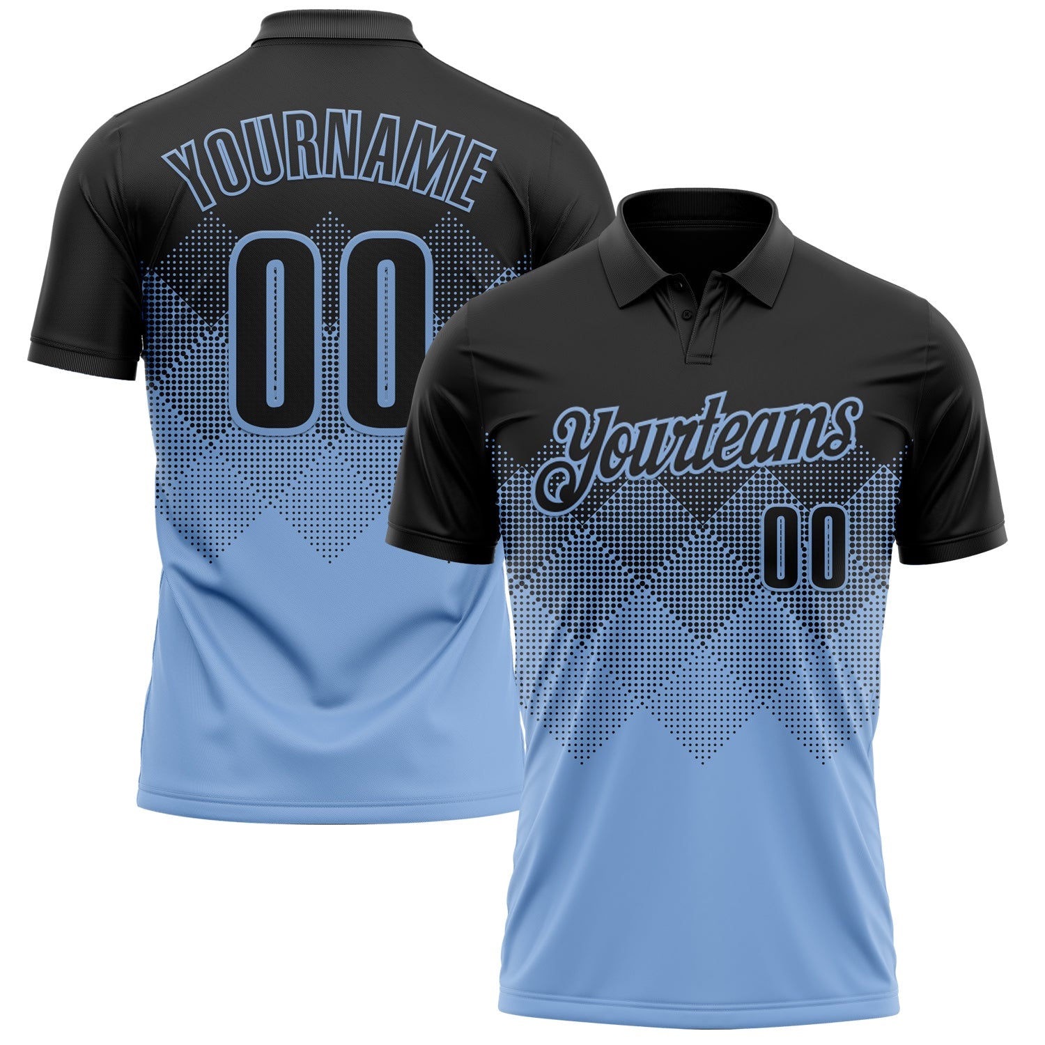 Custom Black Light Blue 3D Pattern Design Gradient Square Shape Performance Polo Shirt - Main View