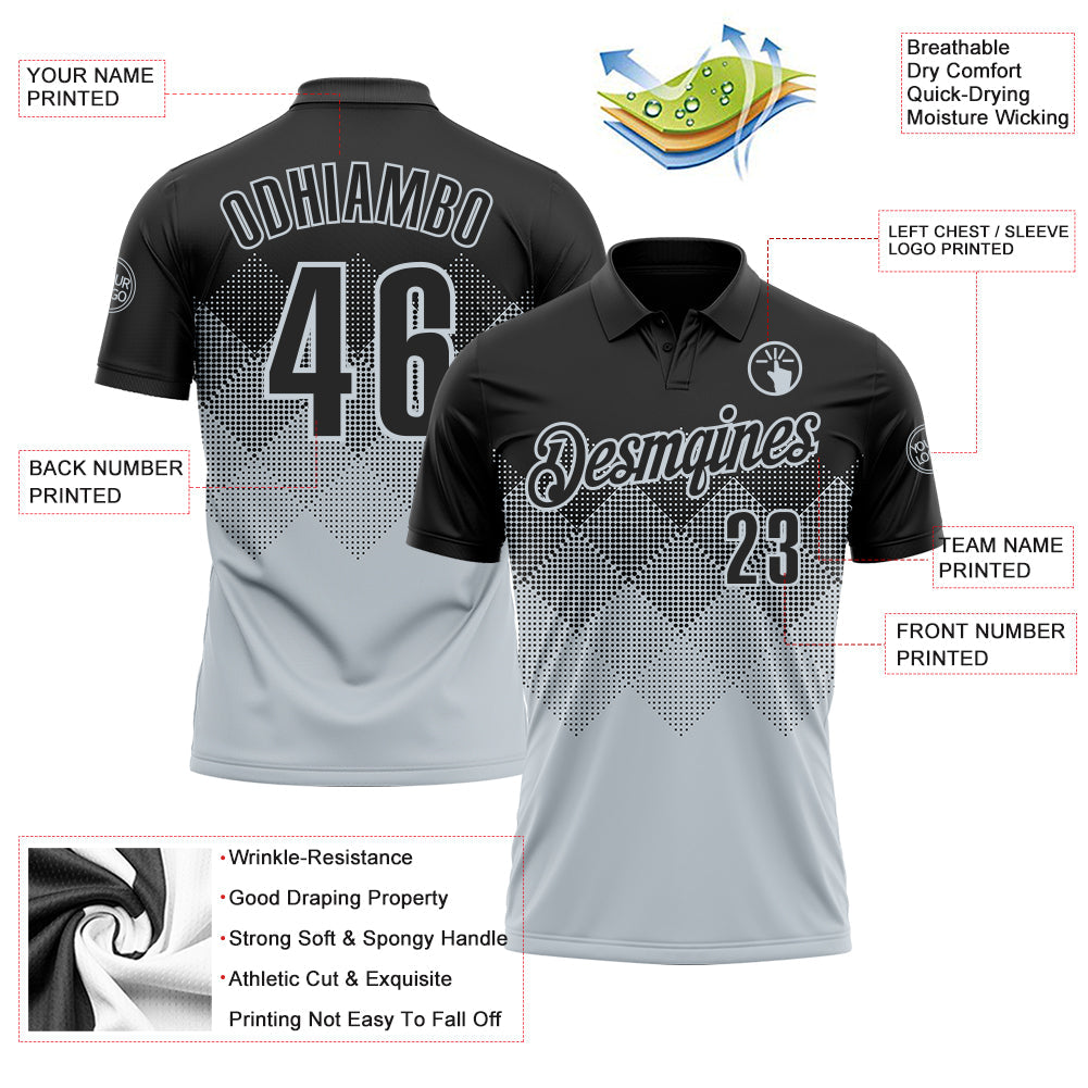 Custom Black Silver 3D Pattern Design Gradient Square Shape Performance Polo Shirt view 3