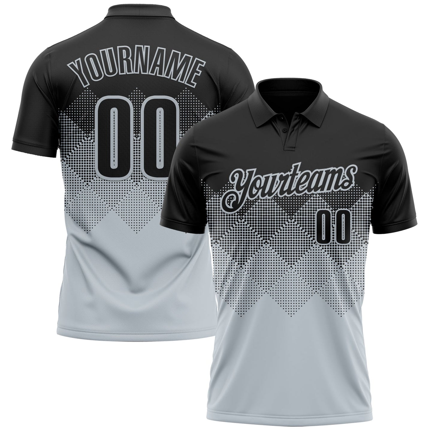 Custom Black Silver 3D Pattern Design Gradient Square Shape Performance Polo Shirt - Main View