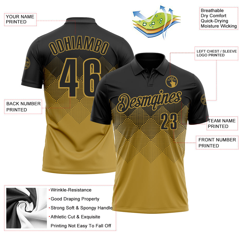 Custom Black Old Gold 3D Pattern Design Gradient Square Shape Performance Polo Shirt view 3