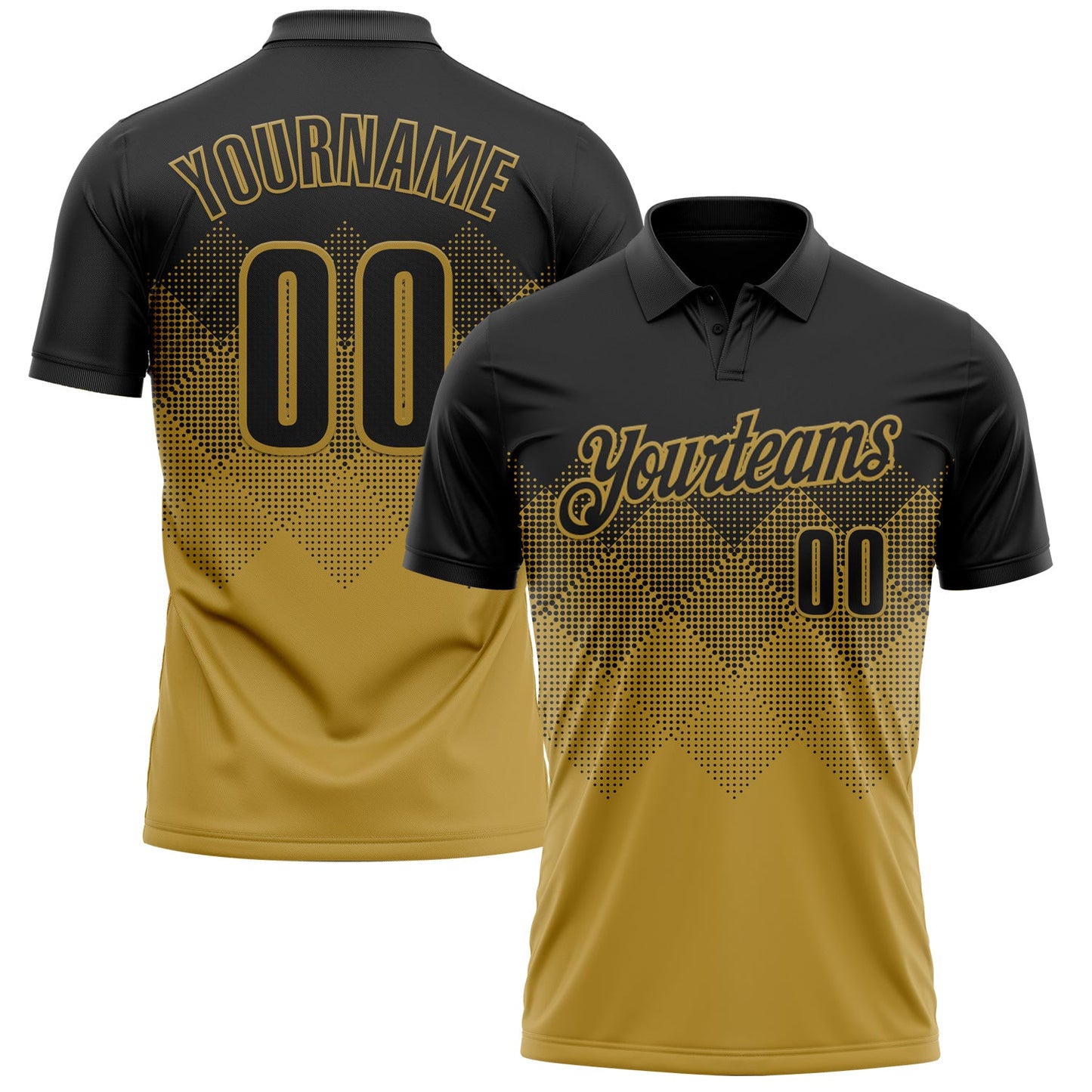 Custom Black Old Gold 3D Pattern Design Gradient Square Shape Performance Polo Shirt - Main View