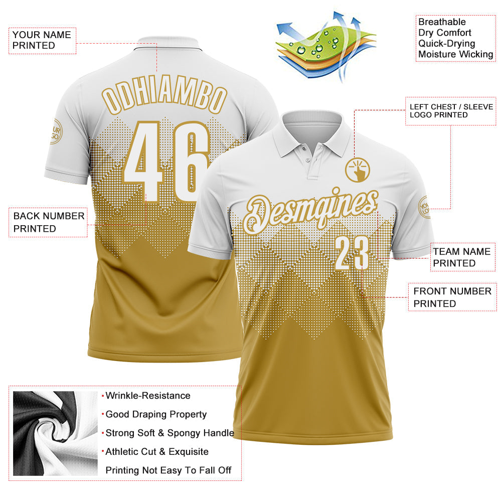 Custom White Old Gold 3D Pattern Design Gradient Square Shape Performance Polo Shirt view 3