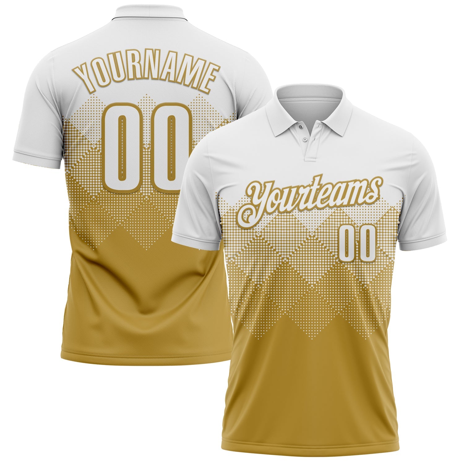 Custom White Old Gold 3D Pattern Design Gradient Square Shape Performance Polo Shirt - Main View