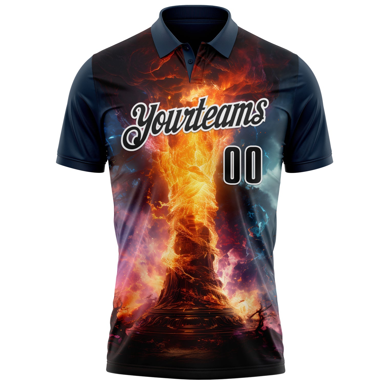 Custom Navy Black-White 3D Bowling Burning Flame Performance Polo Shirt view 2