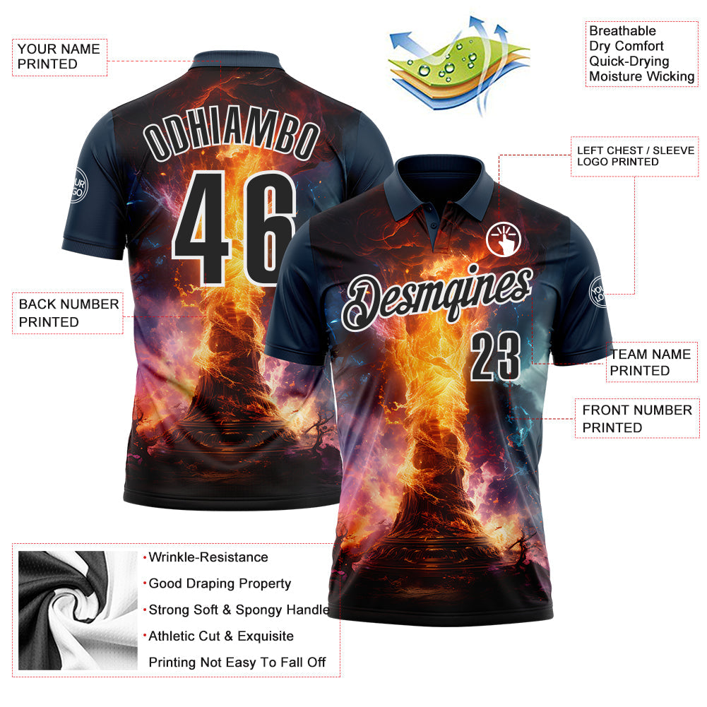 Custom Navy Black-White 3D Bowling Burning Flame Performance Polo Shirt view 3
