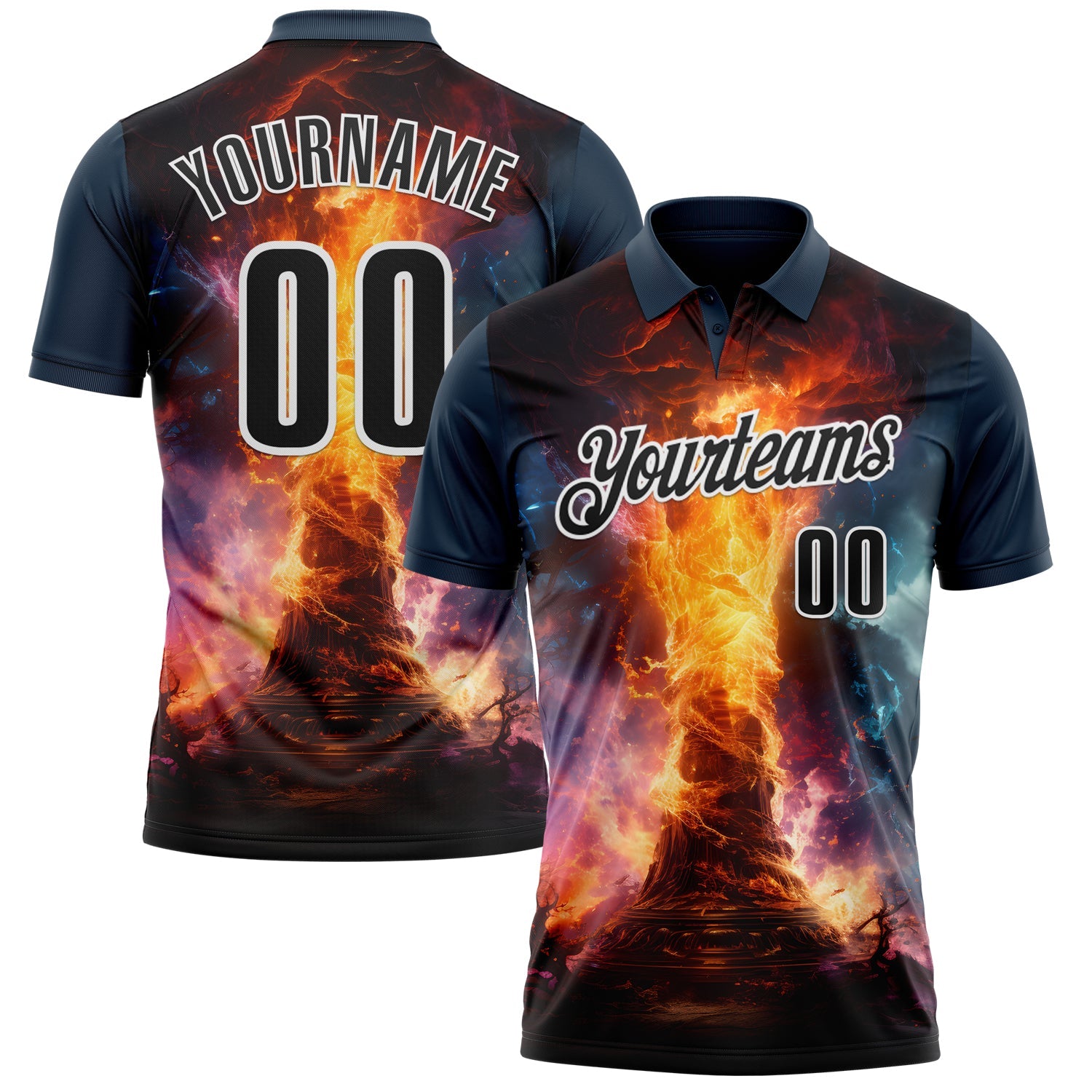 Custom Navy Black-White 3D Bowling Burning Flame Performance Polo Shirt - Main View