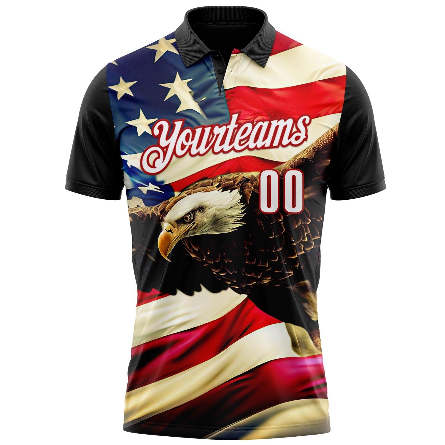 Custom Black White Red 3D Bowling American Flag Eagle Performance Polo Shirt view 2
