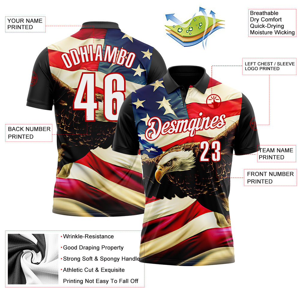 Custom Black White Red 3D Bowling American Flag Eagle Performance Polo Shirt view 3