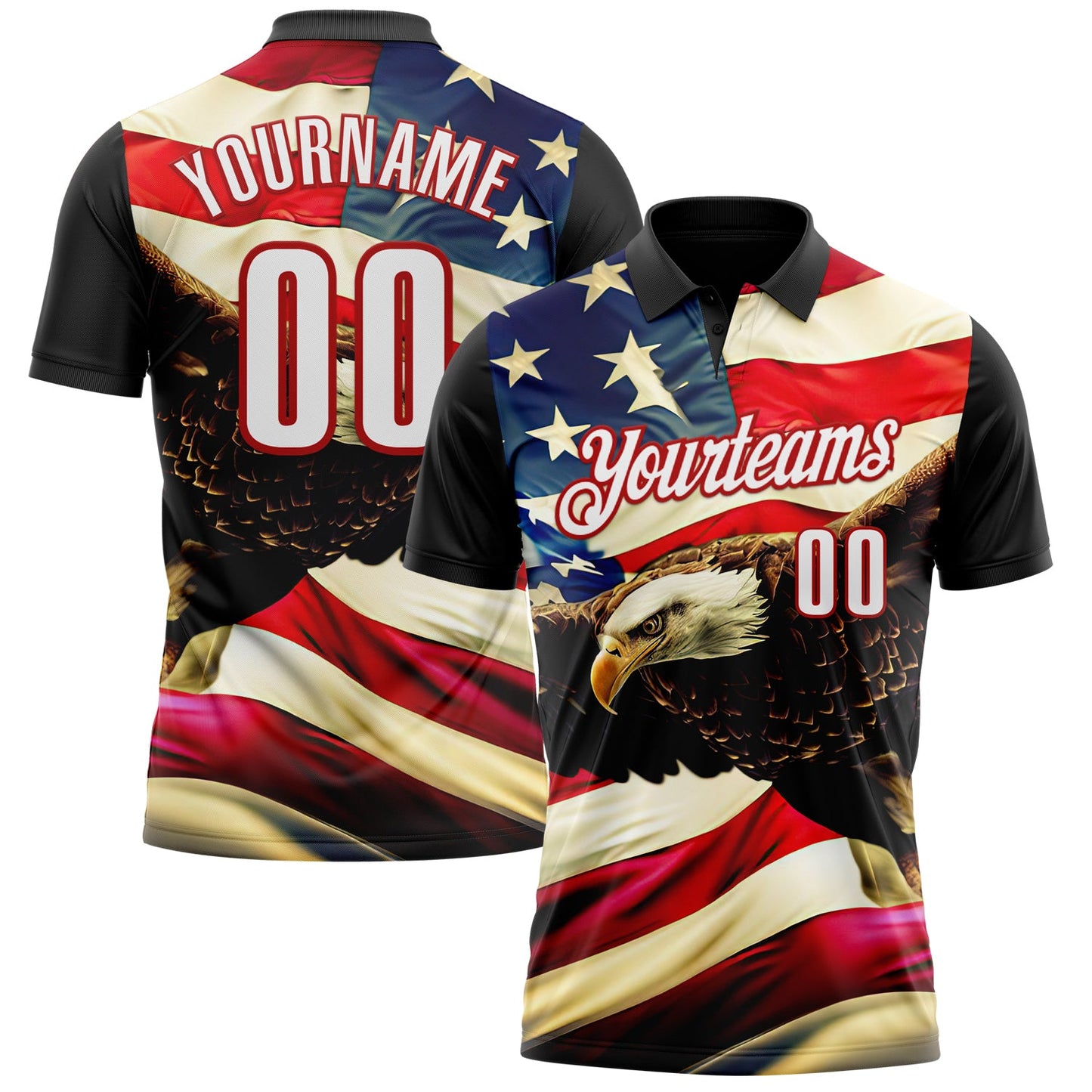 Custom Black White Red 3D Bowling American Flag Eagle Performance Polo Shirt - Main View