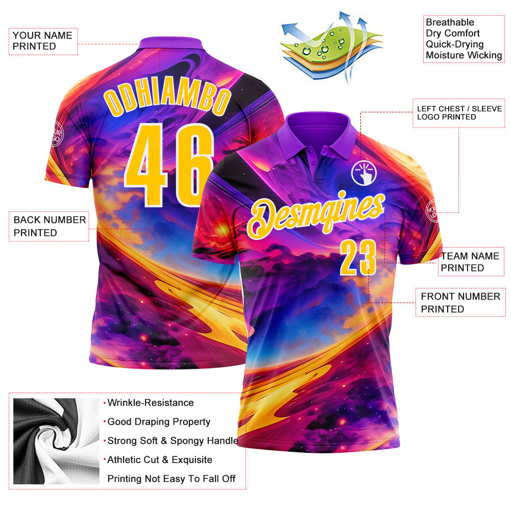 Custom Purple Yellow-White 3D Bowling Colorful Space Performance Polo Shirt view 3