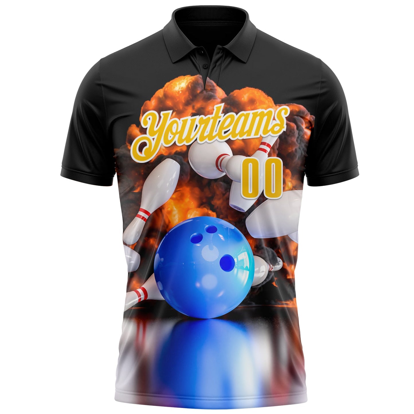 Custom Black Yellow-White 3D Bowling Burning Flame Performance Polo Shirt view 2