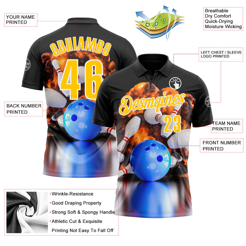 Custom Black Yellow-White 3D Bowling Burning Flame Performance Polo Shirt view 3
