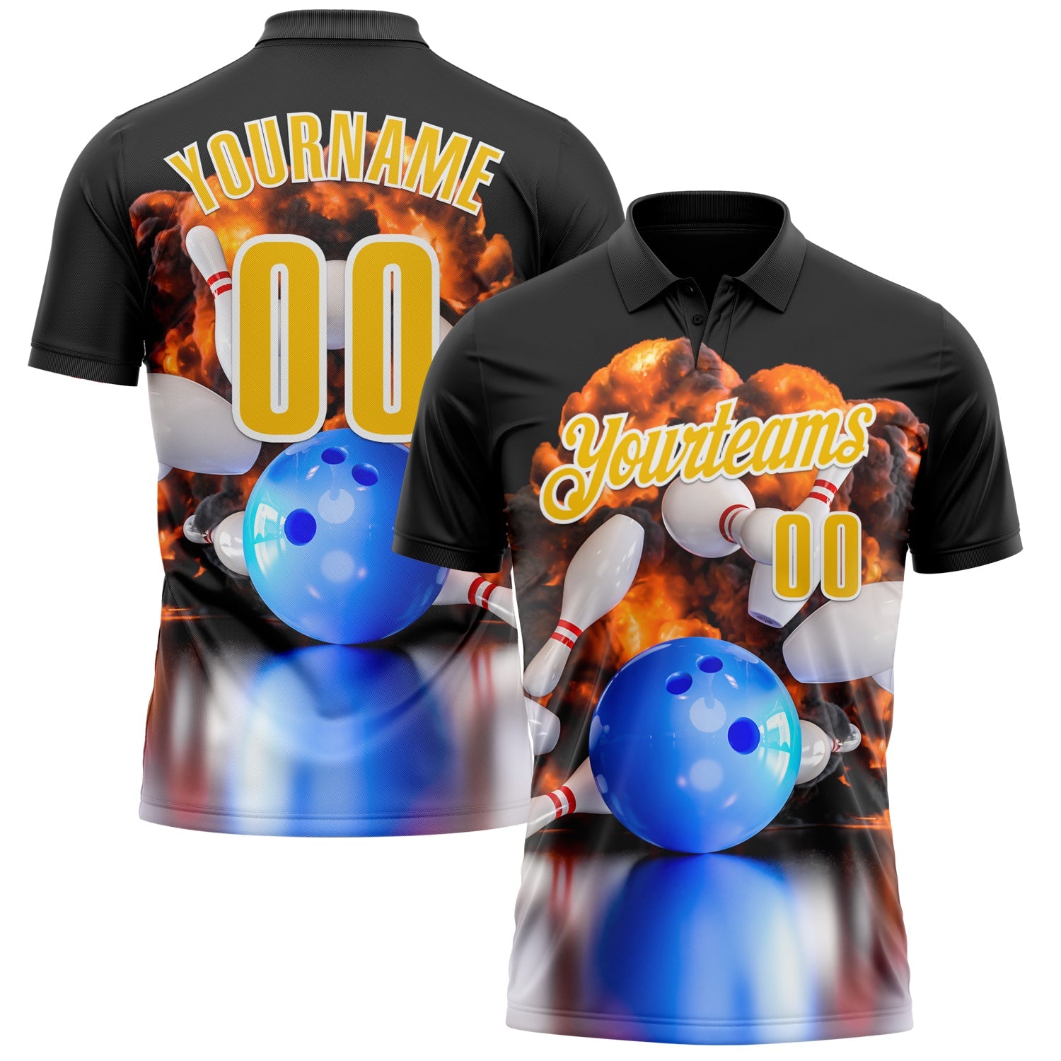 Custom Black Yellow-White 3D Bowling Burning Flame Performance Polo Shirt - Main View