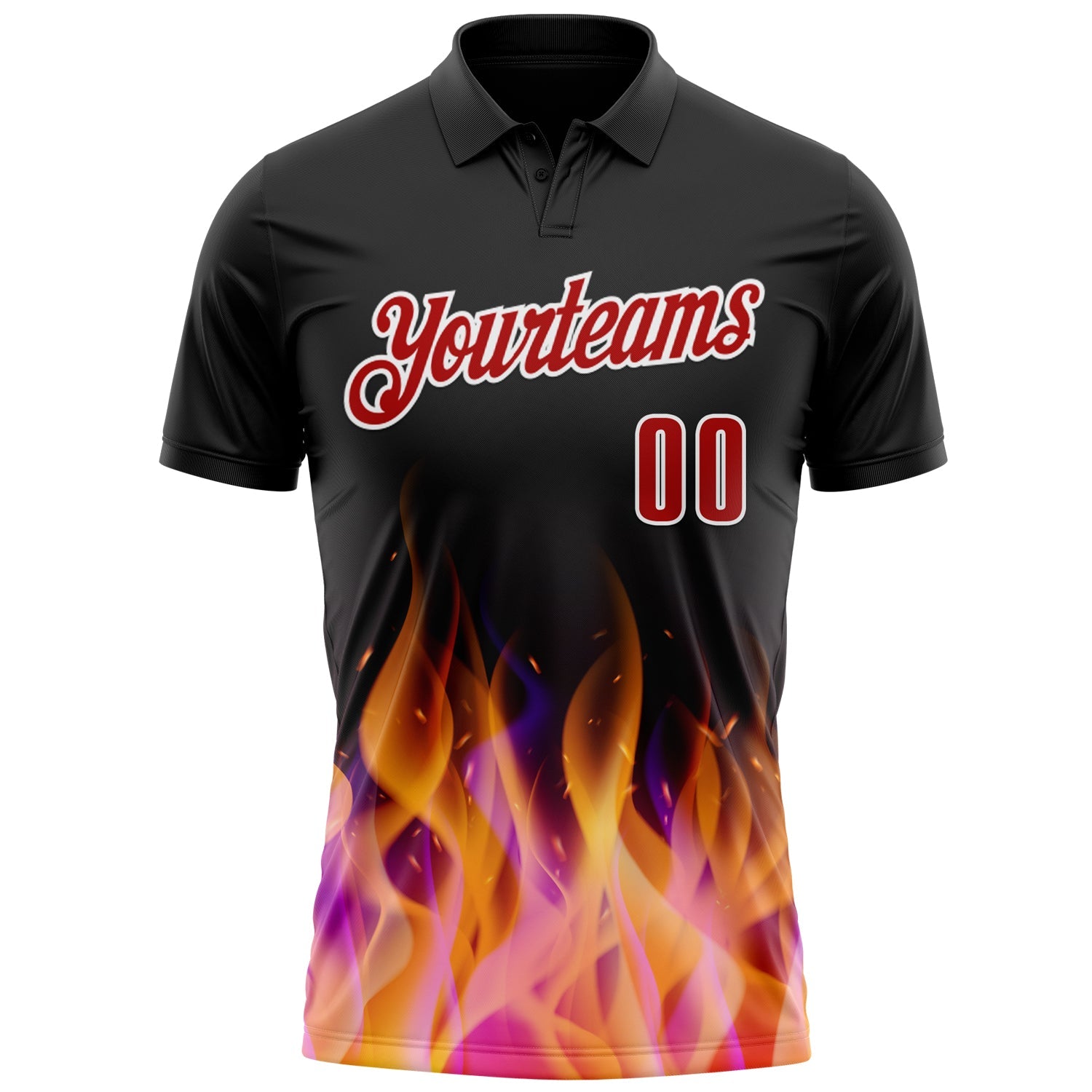 Custom Black Red-White 3D Bowling Burning Flame Performance Polo Shirt view 2
