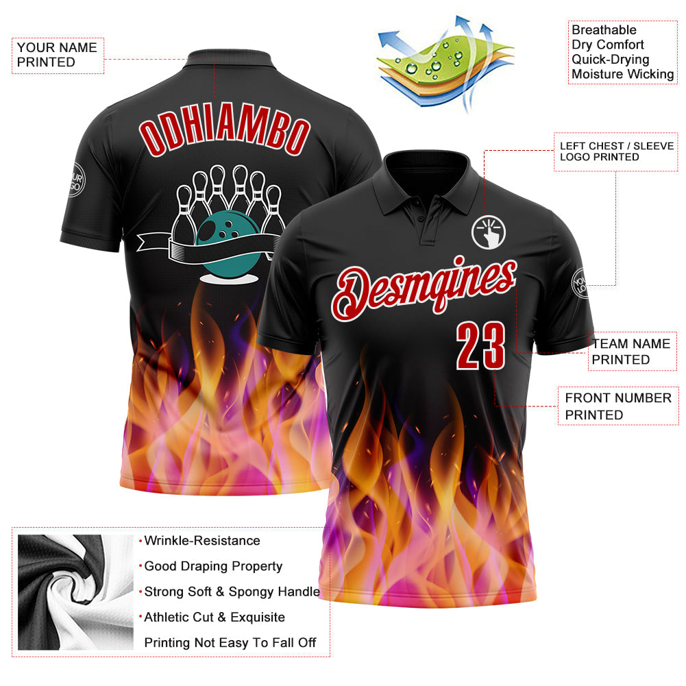 Custom Black Red-White 3D Bowling Burning Flame Performance Polo Shirt view 3
