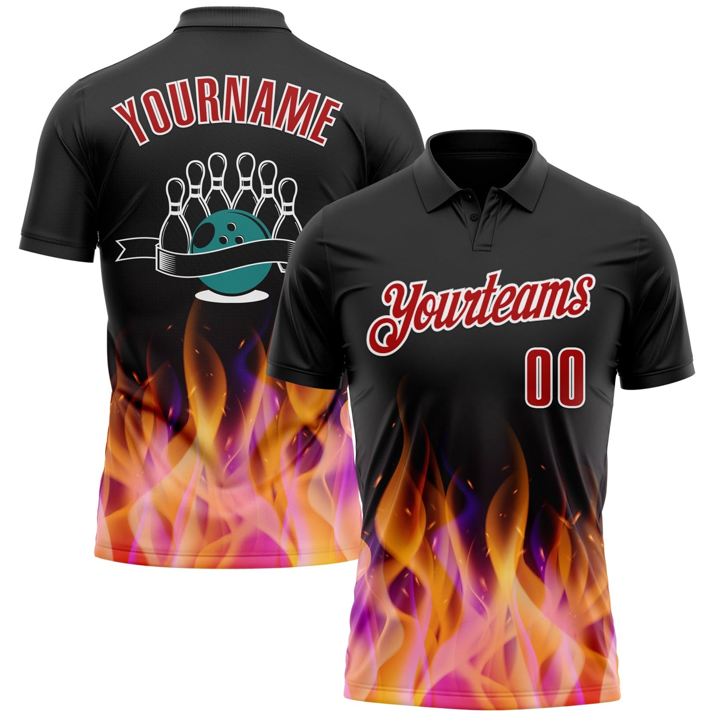 Custom Black Red-White 3D Bowling Burning Flame Performance Polo Shirt - Main View