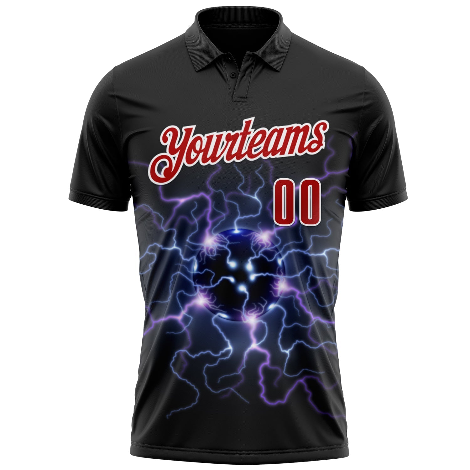 Custom Black Red-White 3D Bowling Lightning Performance Polo Shirt view 2