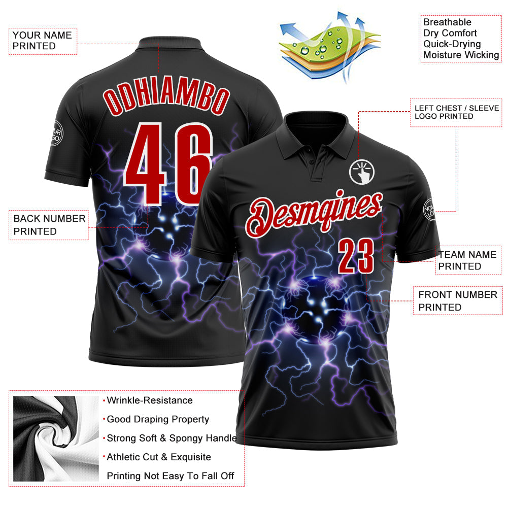 Custom Black Red-White 3D Bowling Lightning Performance Polo Shirt view 3