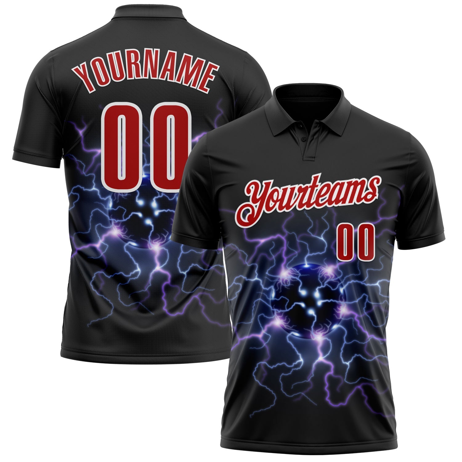 Custom Black Red-White 3D Bowling Lightning Performance Polo Shirt - Main View