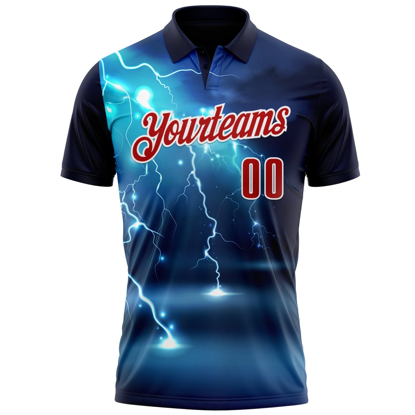 Custom Navy Red-White 3D Bowling Lightning Performance Polo Shirt view 2