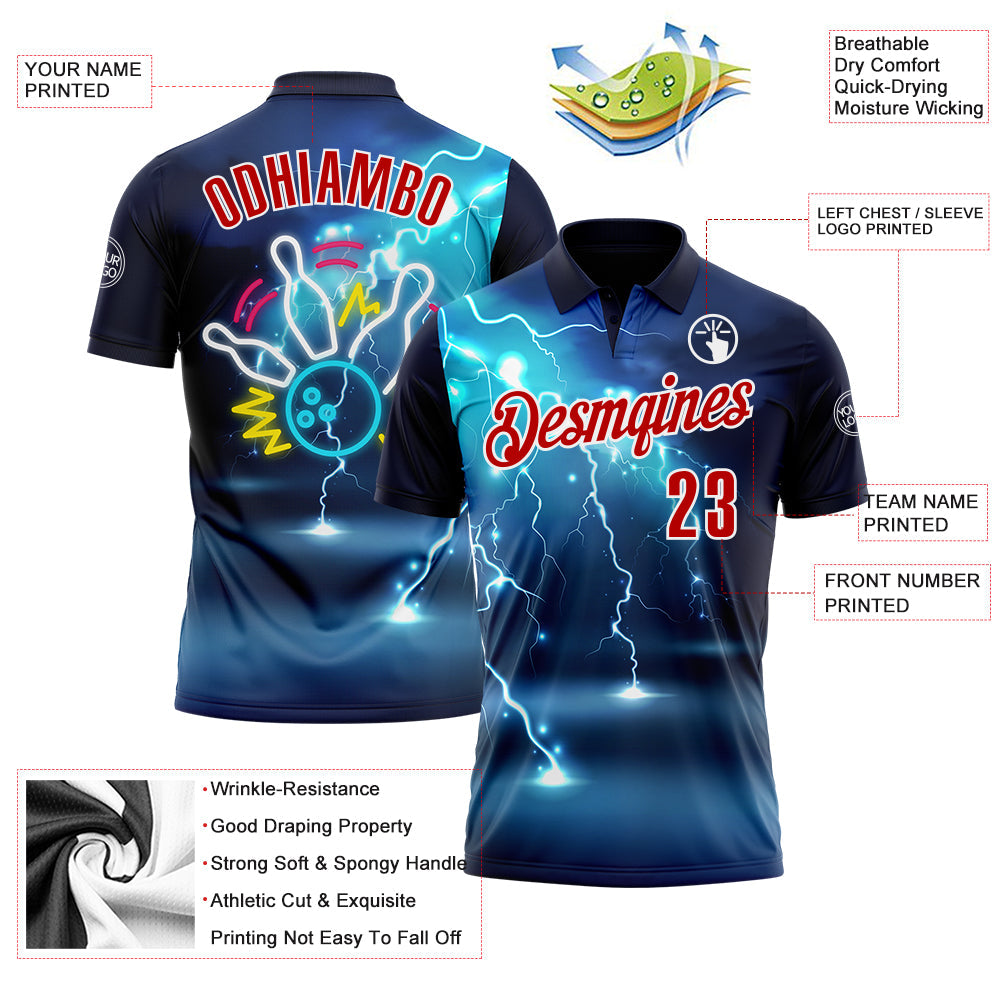 Custom Navy Red-White 3D Bowling Lightning Performance Polo Shirt view 3