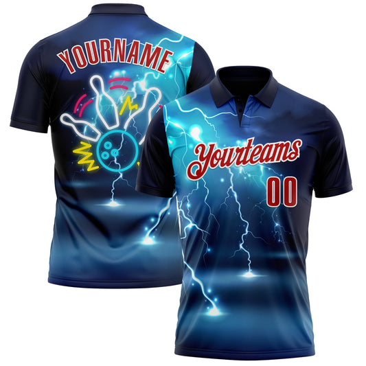 Custom Navy Red-White 3D Bowling Lightning Performance Polo Shirt - Main View