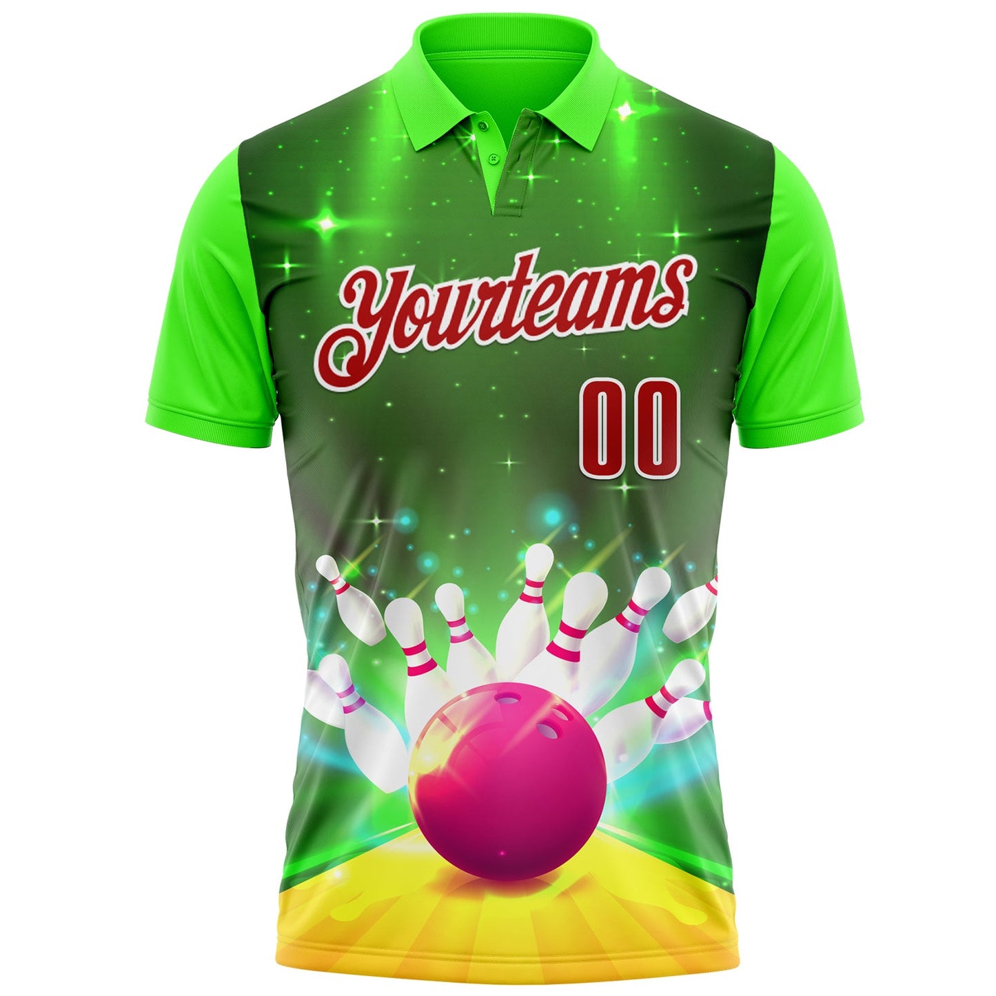 Custom Green Red-White 3D Bowling Bright Star Performance Polo Shirt view 2