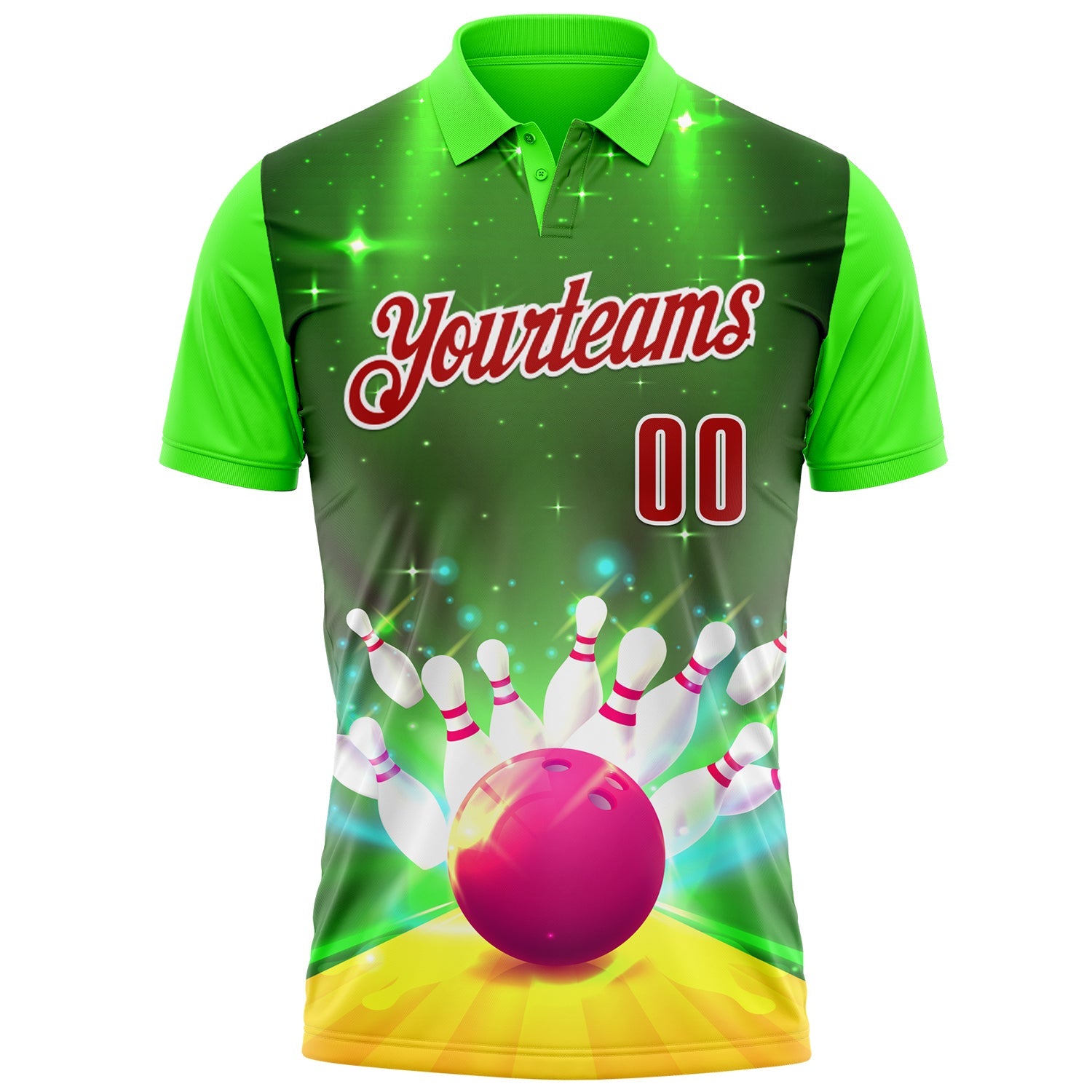 Custom Green Red-White 3D Bowling Bright Star Performance Polo Shirt view 2