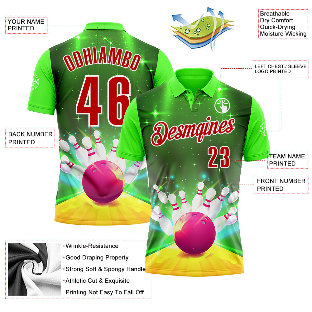 Custom Green Red-White 3D Bowling Bright Star Performance Polo Shirt view 3