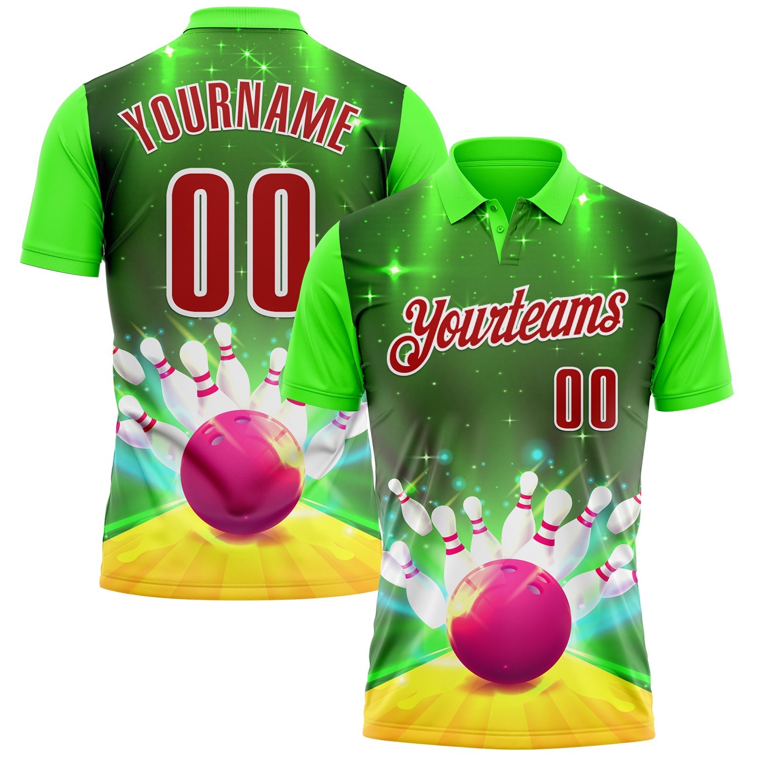Custom Green Red-White 3D Bowling Bright Star Performance Polo Shirt - Main View