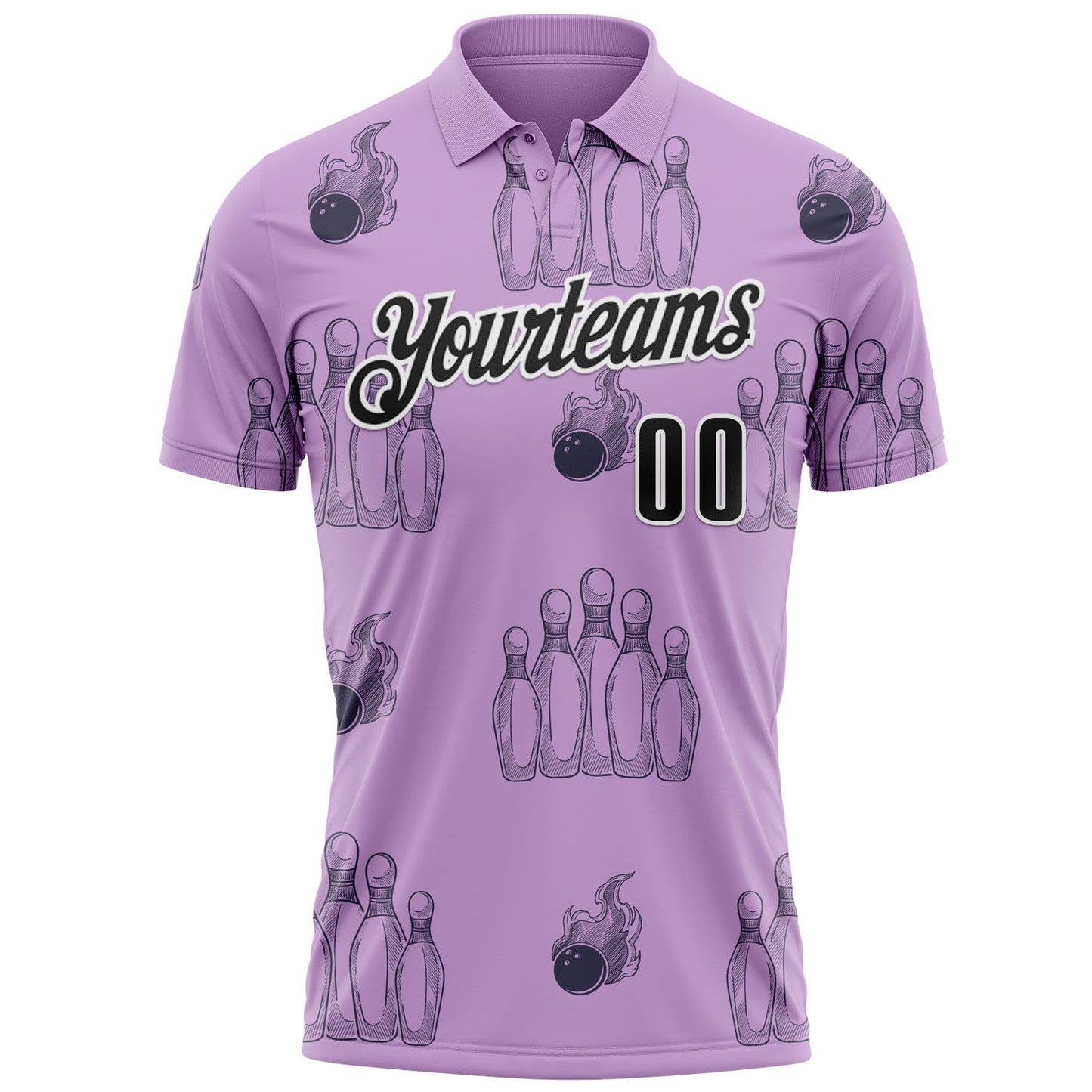 Custom Light Purple Black-White 3D Bowling Flaming Ball Performance Polo Shirt view 2