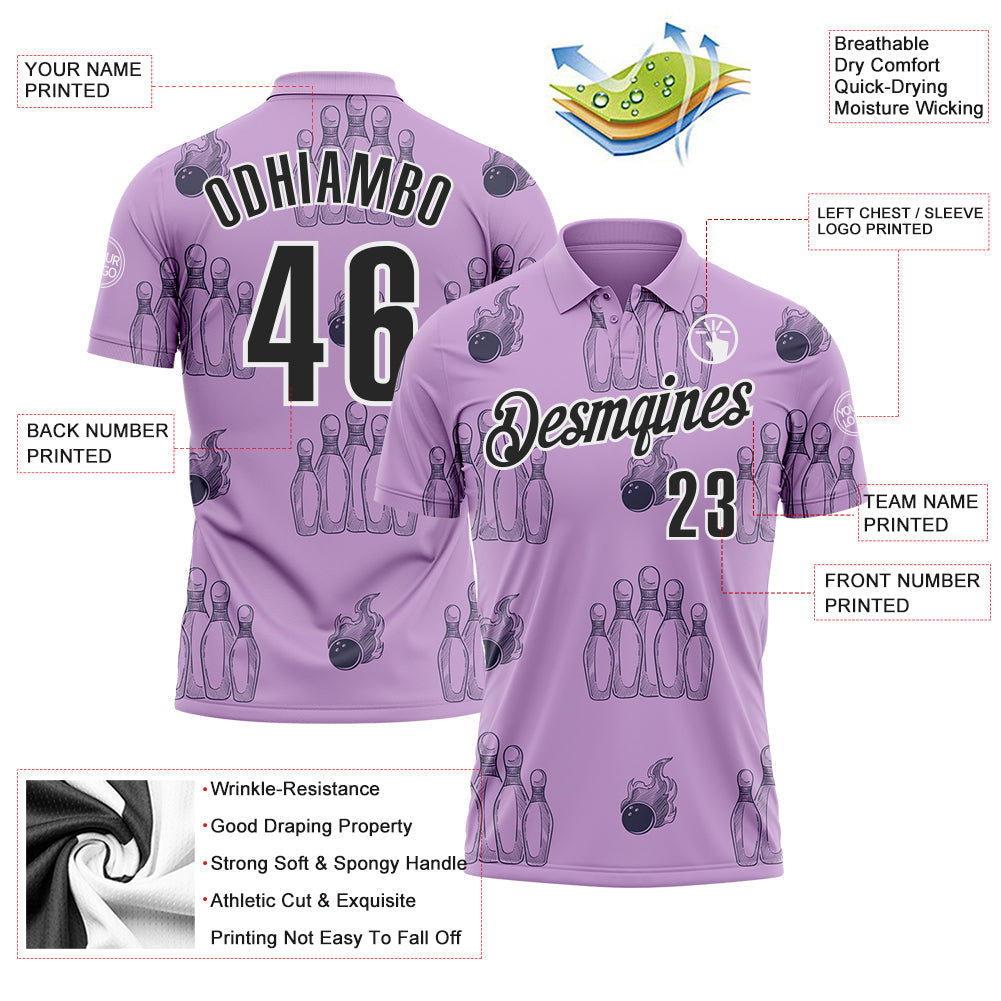 Custom Light Purple Black-White 3D Bowling Flaming Ball Performance Polo Shirt view 3