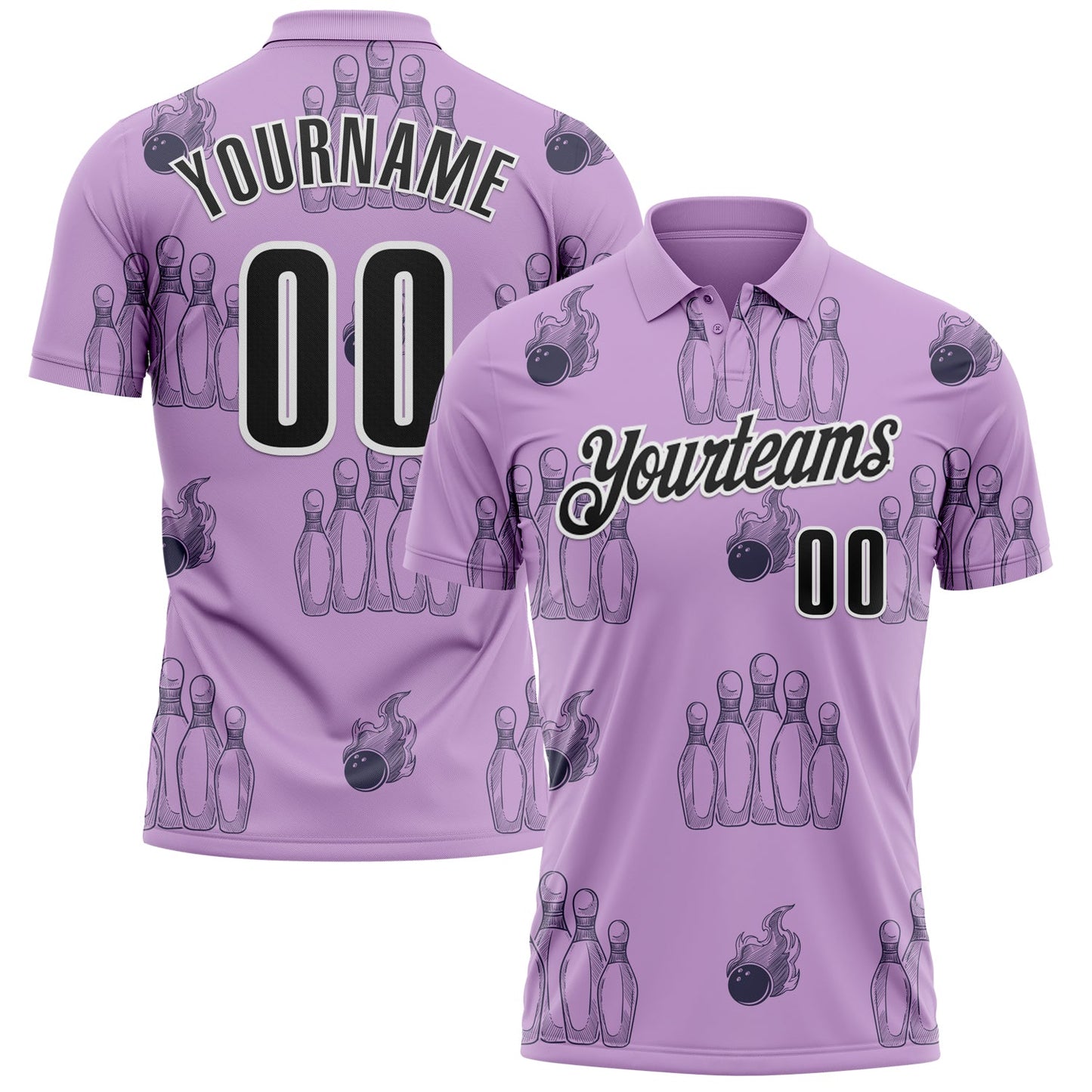 Custom Light Purple Black-White 3D Bowling Flaming Ball Performance Polo Shirt - Main View