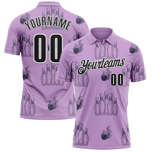 Custom Light Purple Black-White 3D Bowling Flaming Ball Performance Polo Shirt - Main View