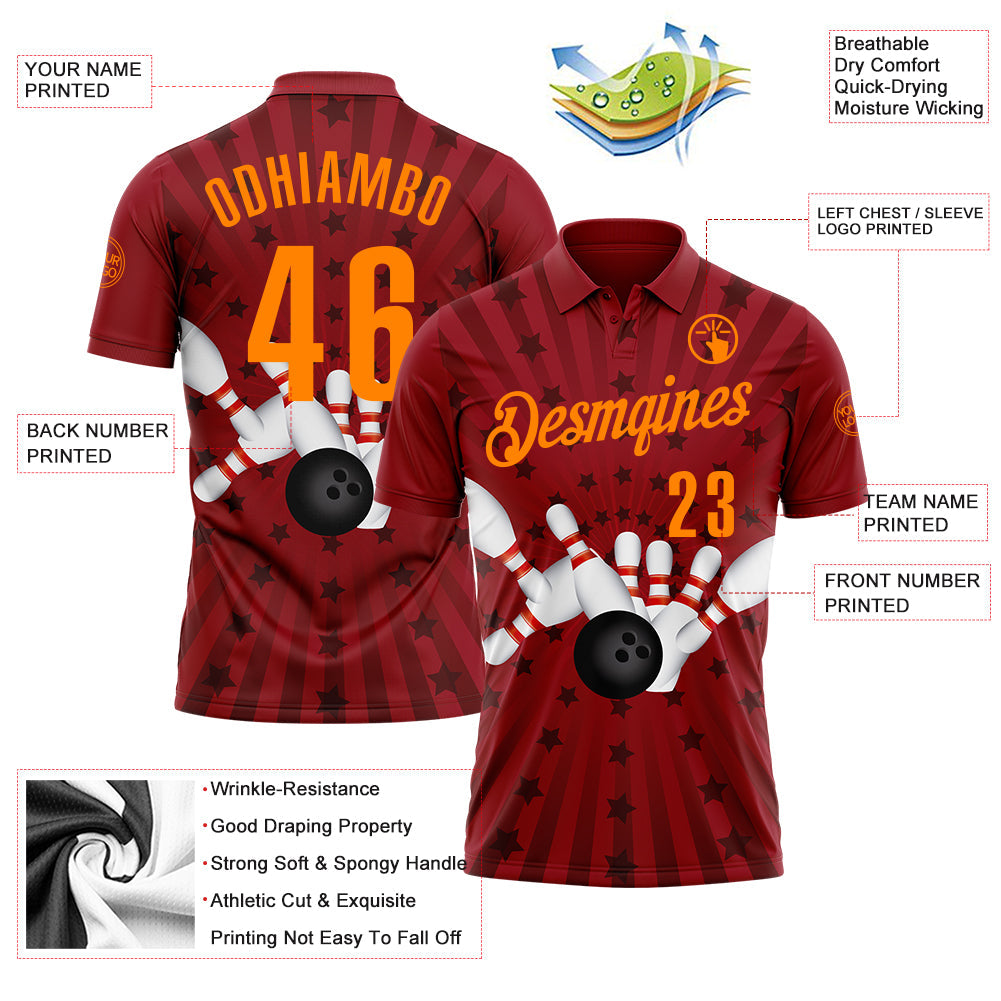 Custom Crimson Bay Orange 3D Bowling Star Performance Polo Shirt view 3