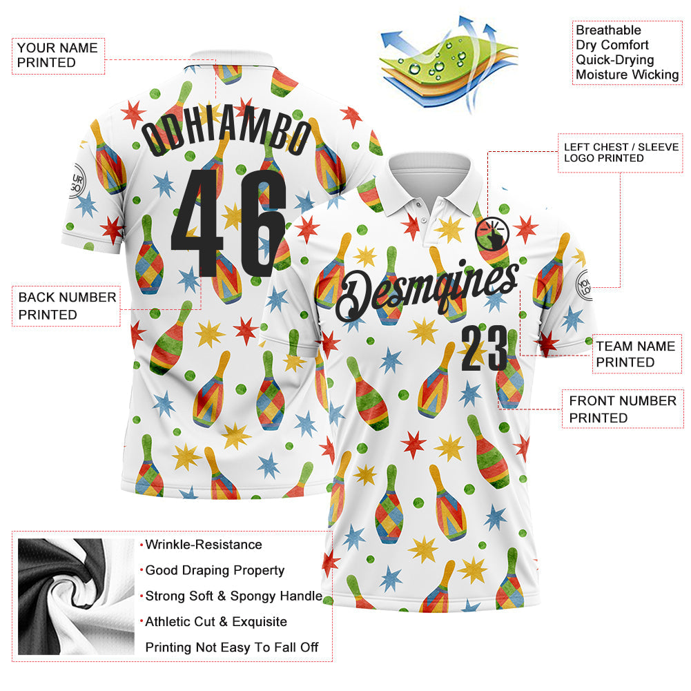 Custom White Black 3D Bowling Watercolor Performance Polo Shirt view 3