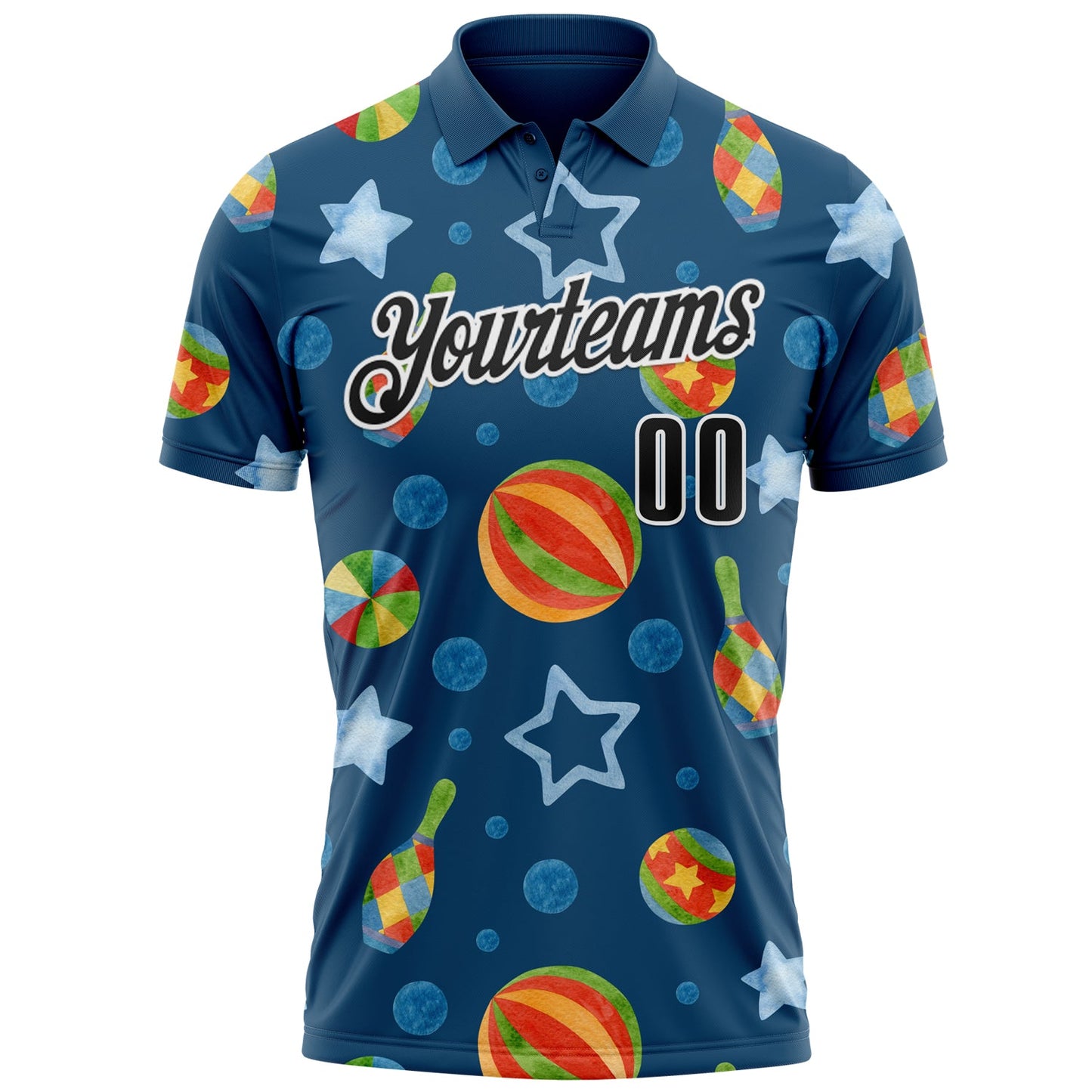 Custom Navy Black-White 3D Bowling Watercolor Performance Polo Shirt view 2