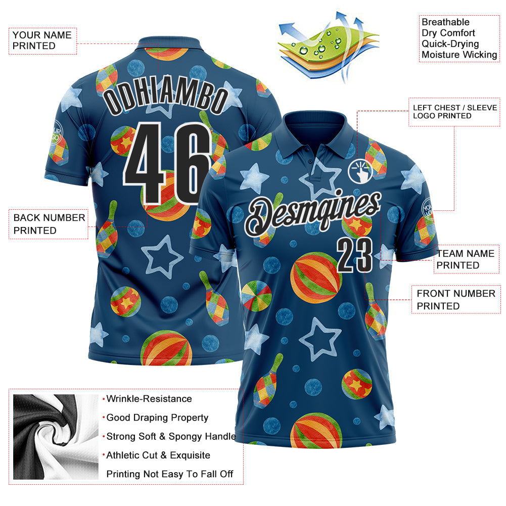 Custom Navy Black-White 3D Bowling Watercolor Performance Polo Shirt view 3