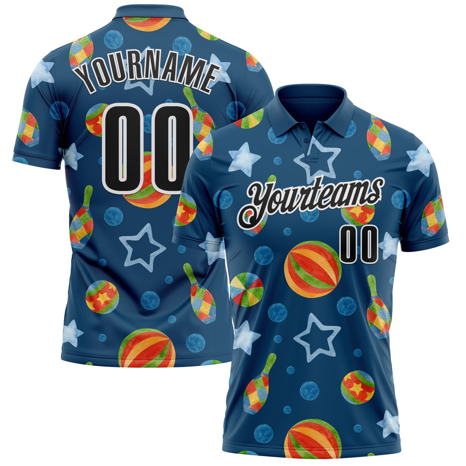 Custom Navy Black-White 3D Bowling Watercolor Performance Polo Shirt - Main View