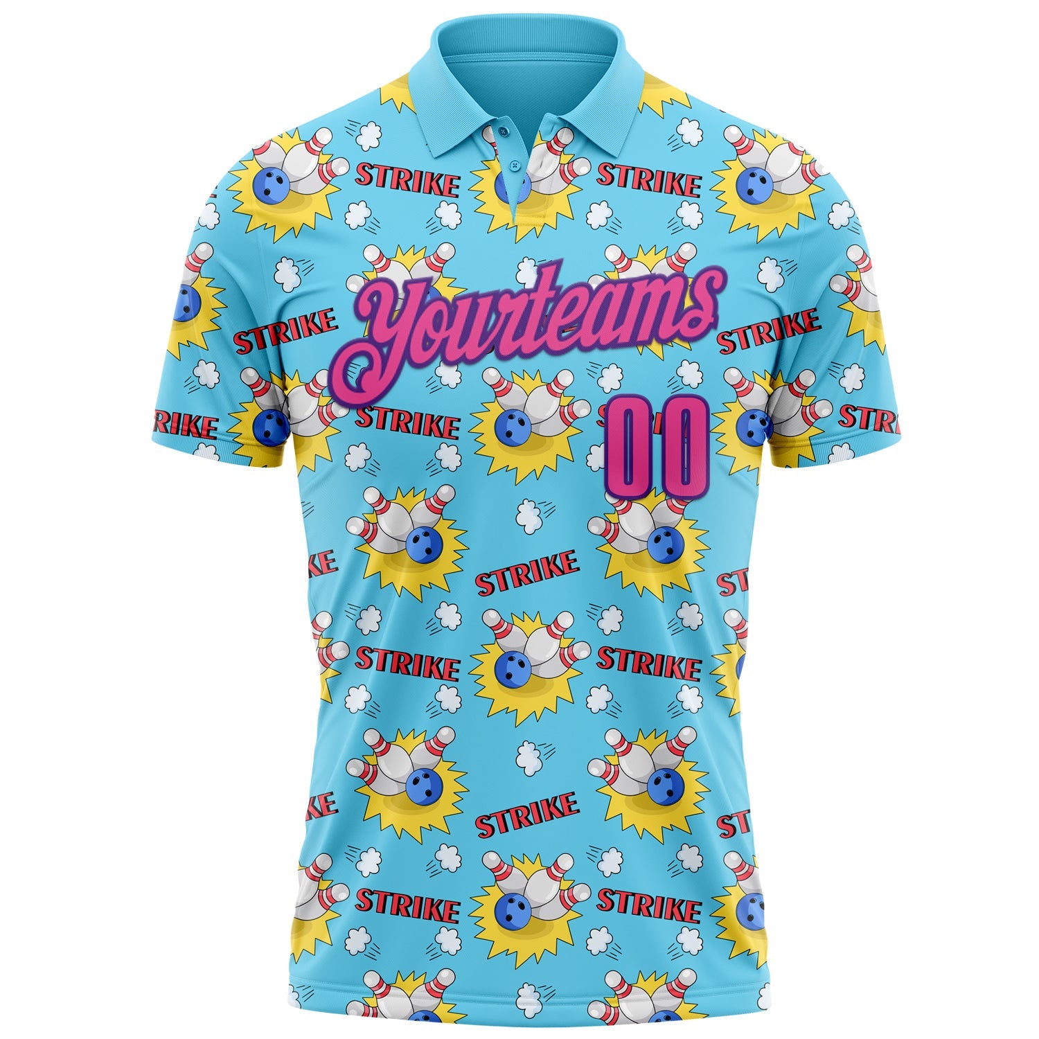 Custom Sky Blue Pink-Purple 3D Bowling Performance Polo Shirt view 2