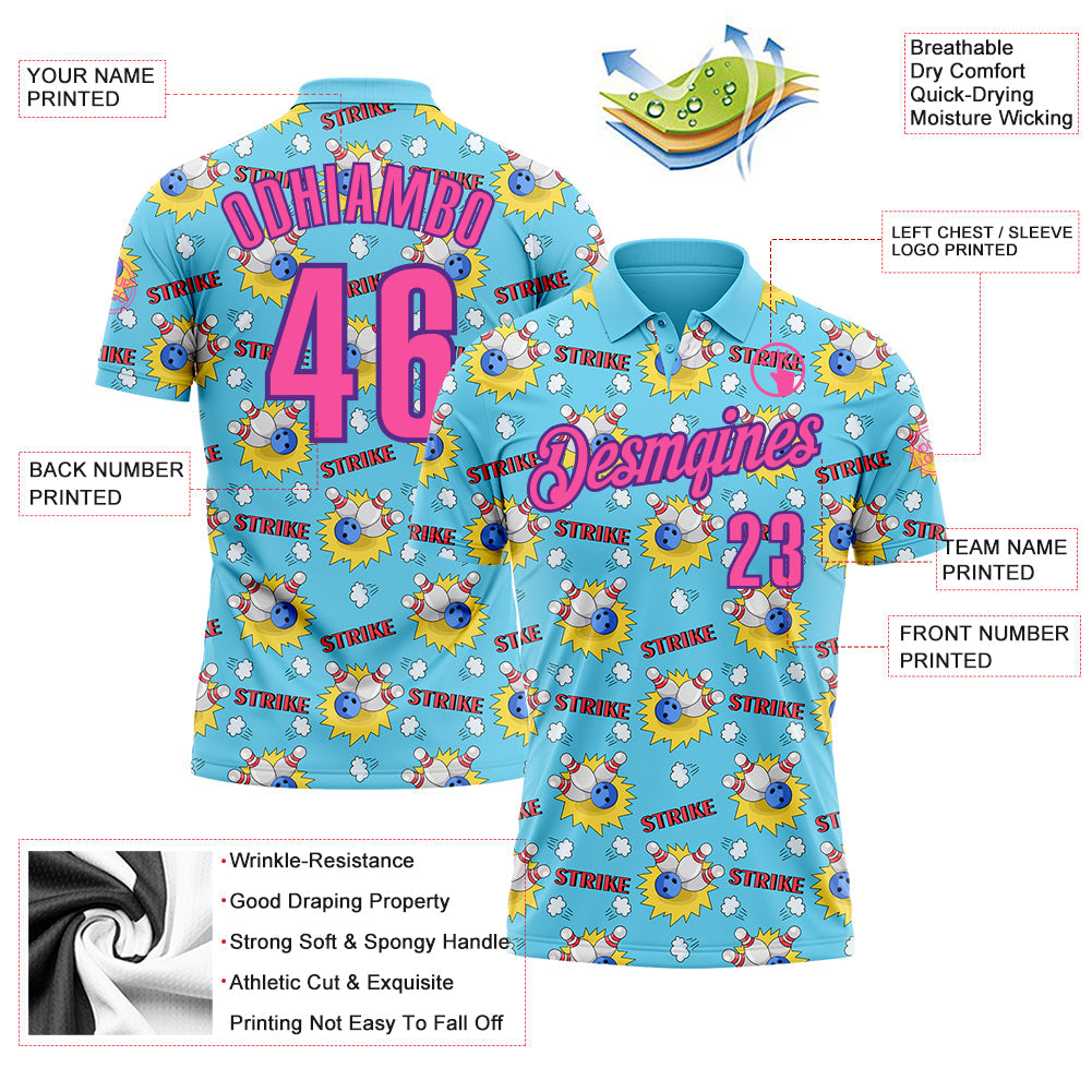 Custom Sky Blue Pink-Purple 3D Bowling Performance Polo Shirt view 3