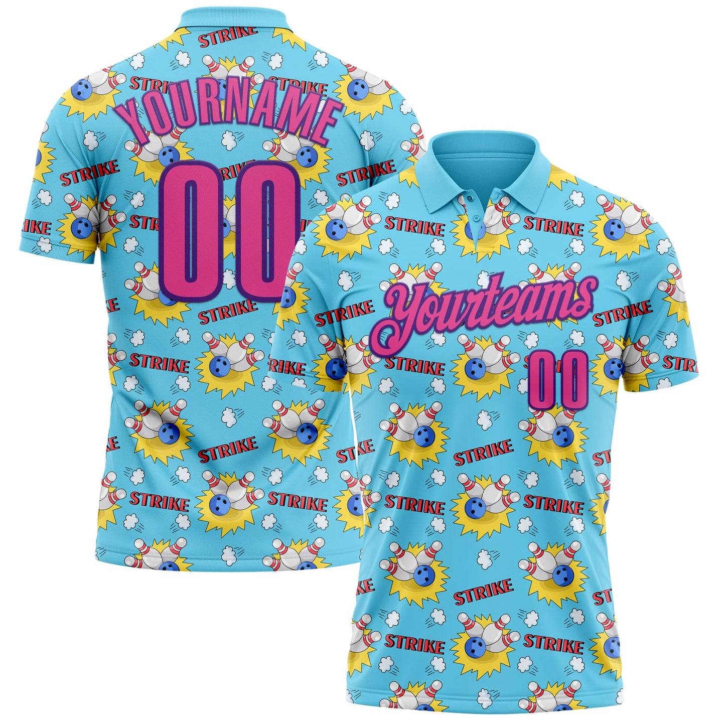 Custom Sky Blue Pink-Purple 3D Bowling Performance Polo Shirt - Main View