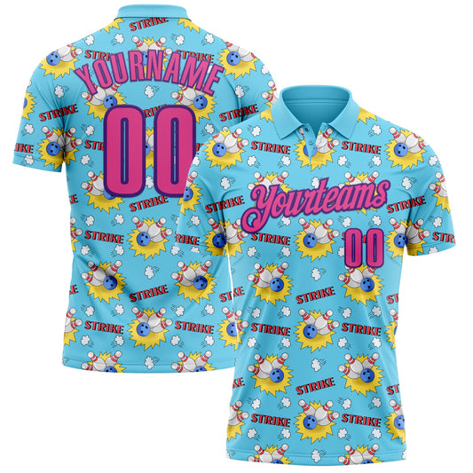 Custom Sky Blue Pink-Purple 3D Bowling Performance Polo Shirt - Main View
