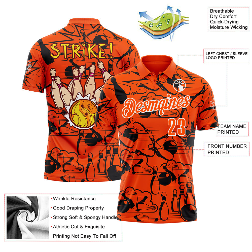 Custom Orange White 3D Bowling Performance Polo Shirt view 3