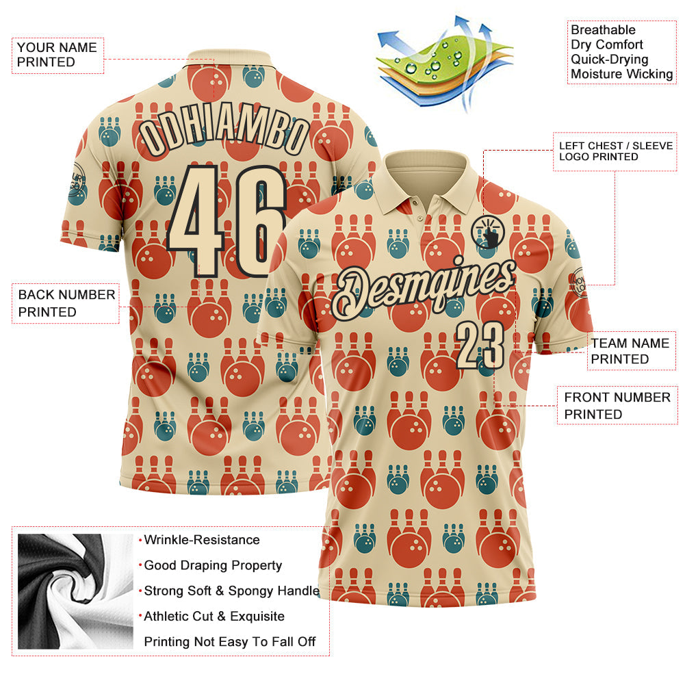 Custom Cream Black 3D Bowling Performance Polo Shirt view 3