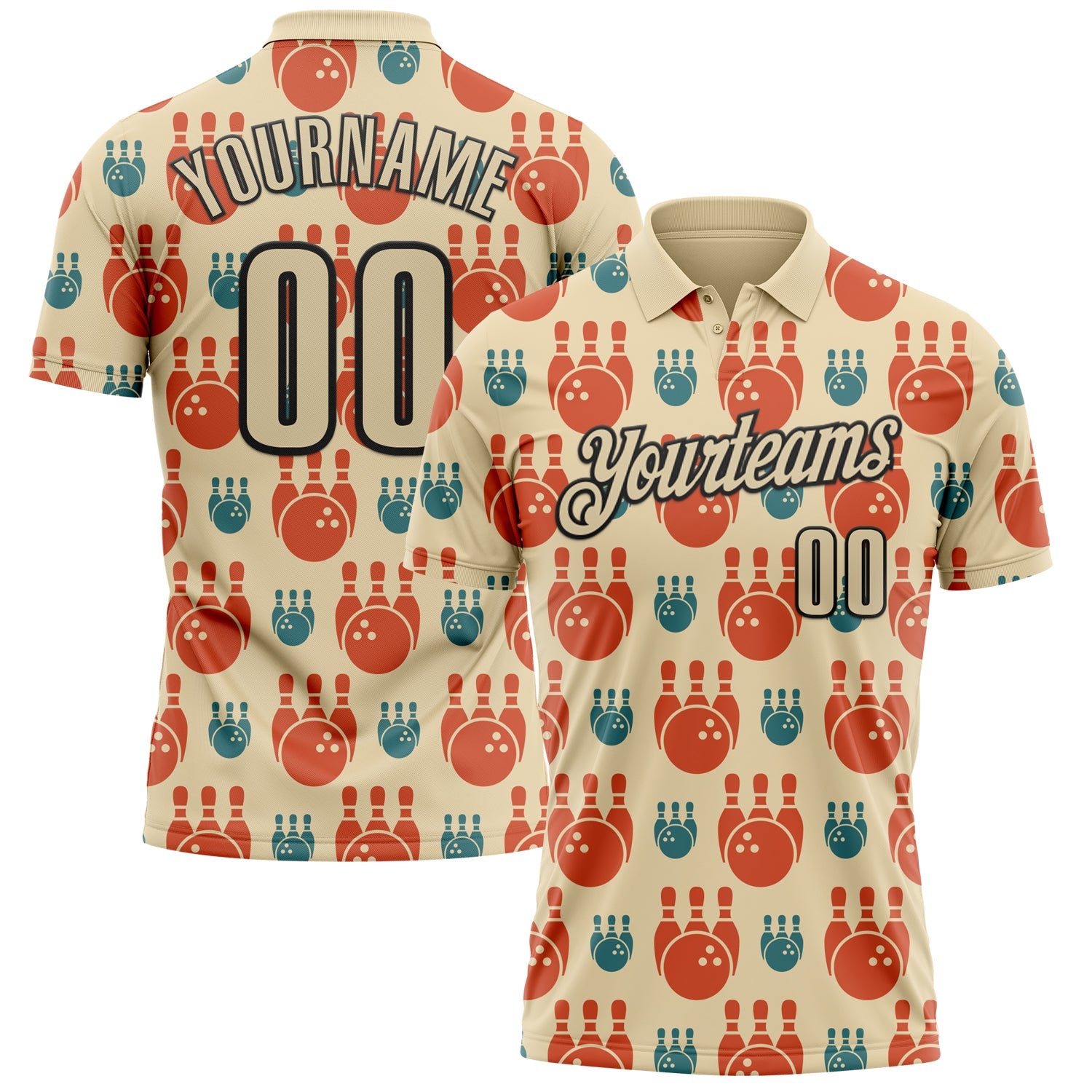 Custom Cream Black 3D Bowling Performance Polo Shirt - Main View