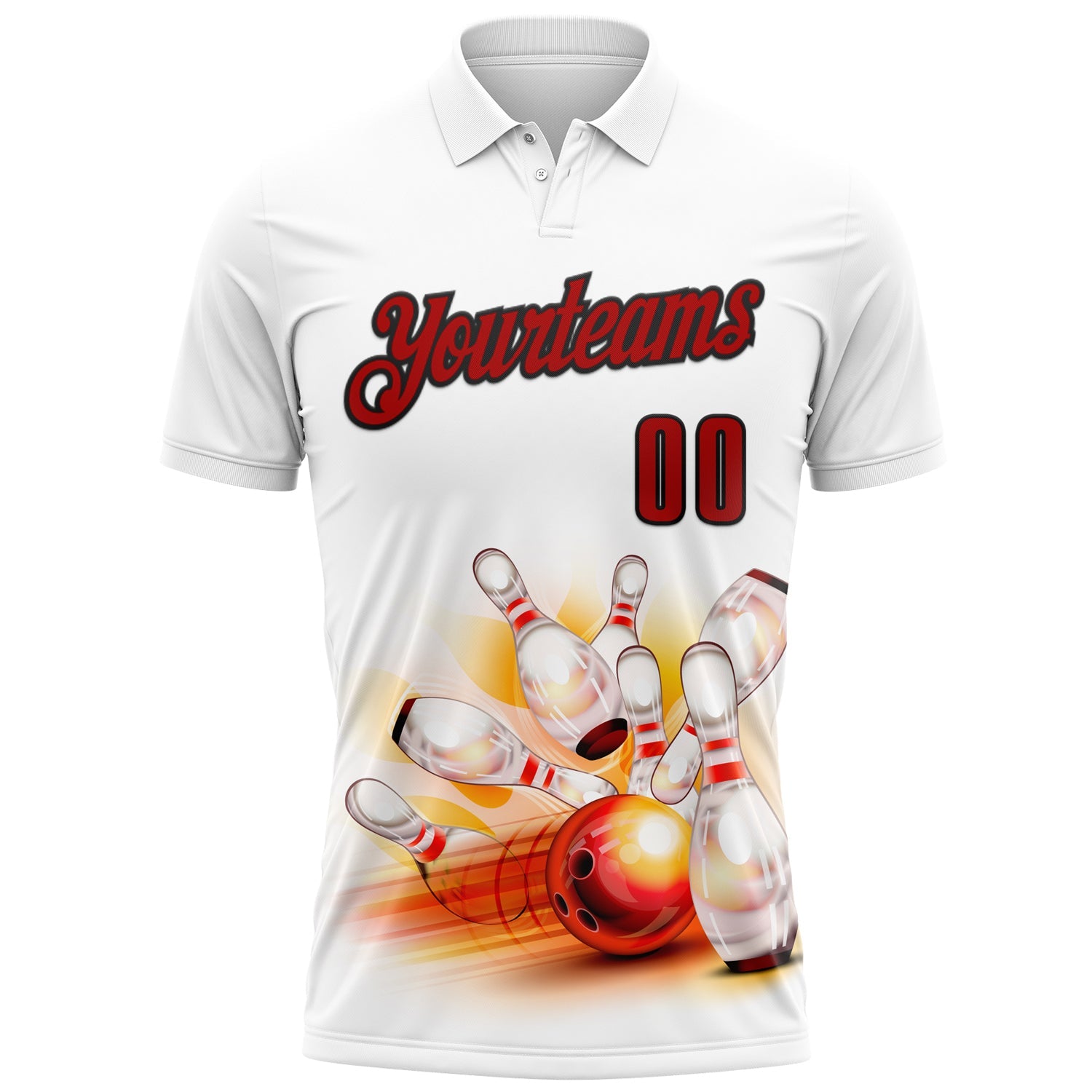 Custom White Red-Black 3D Bowling Performance Polo Shirt view 2