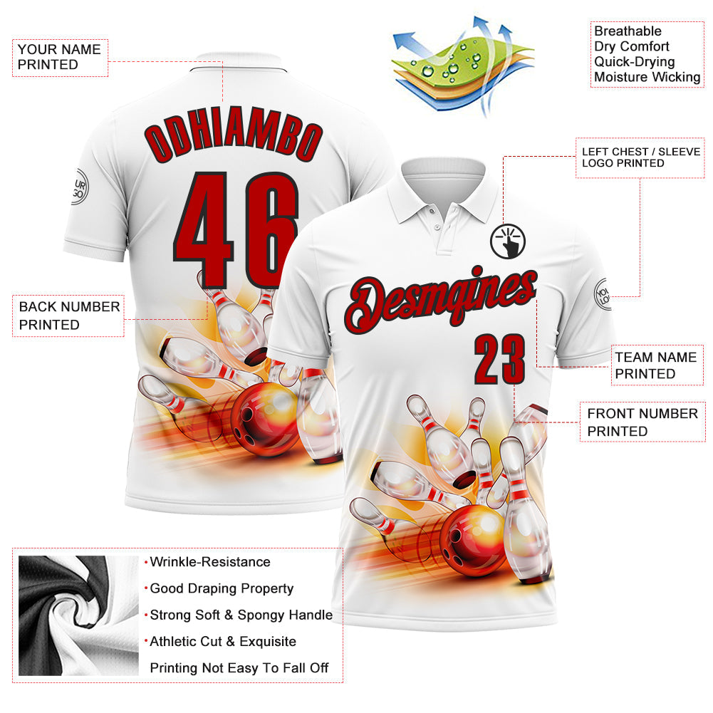 Custom White Red-Black 3D Bowling Performance Polo Shirt view 3