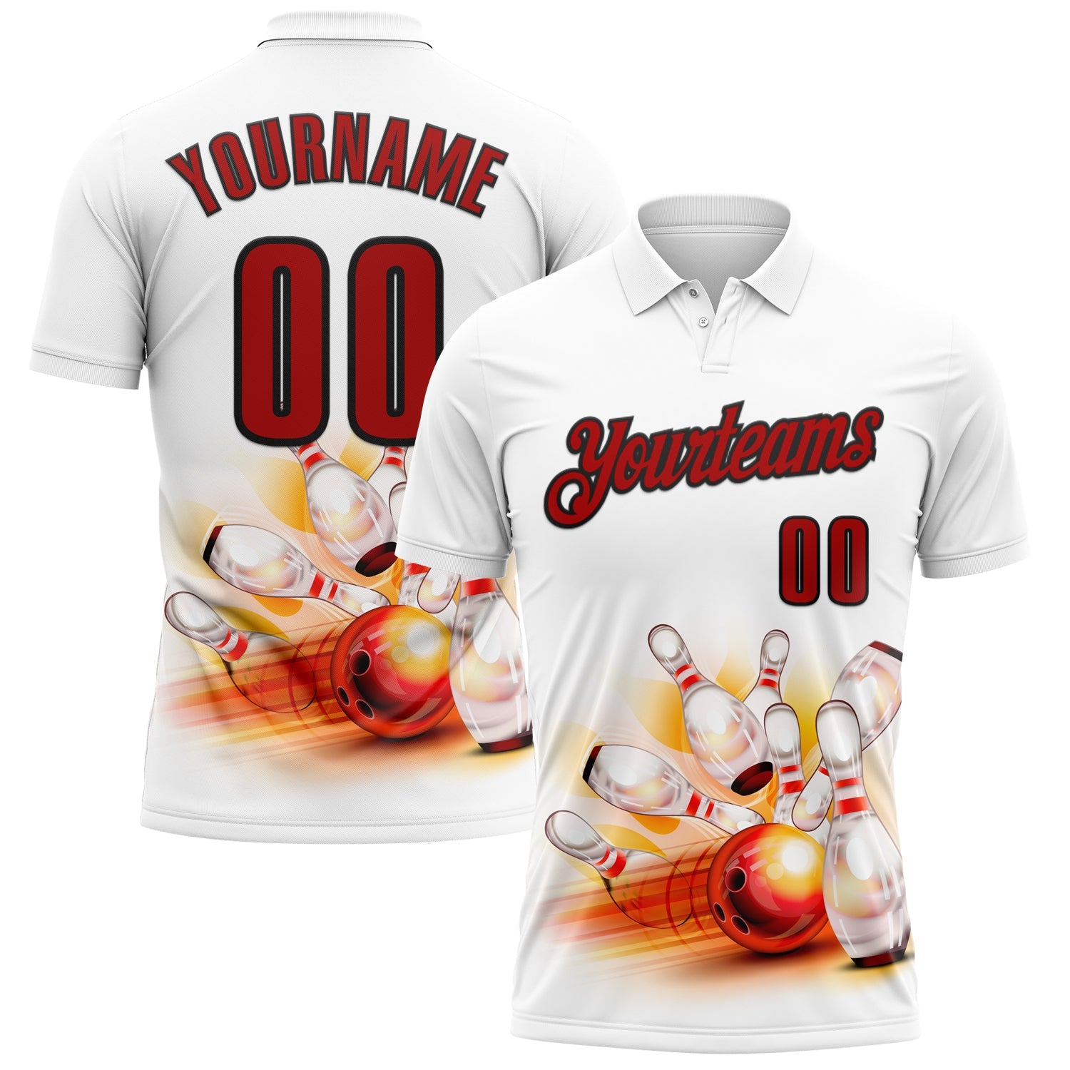 Custom White Red-Black 3D Bowling Performance Polo Shirt - Main View